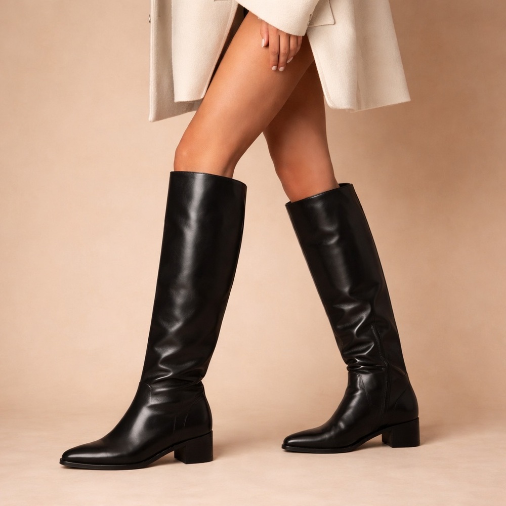 Bond & Co Black Knee-High Leather Heeled Boots